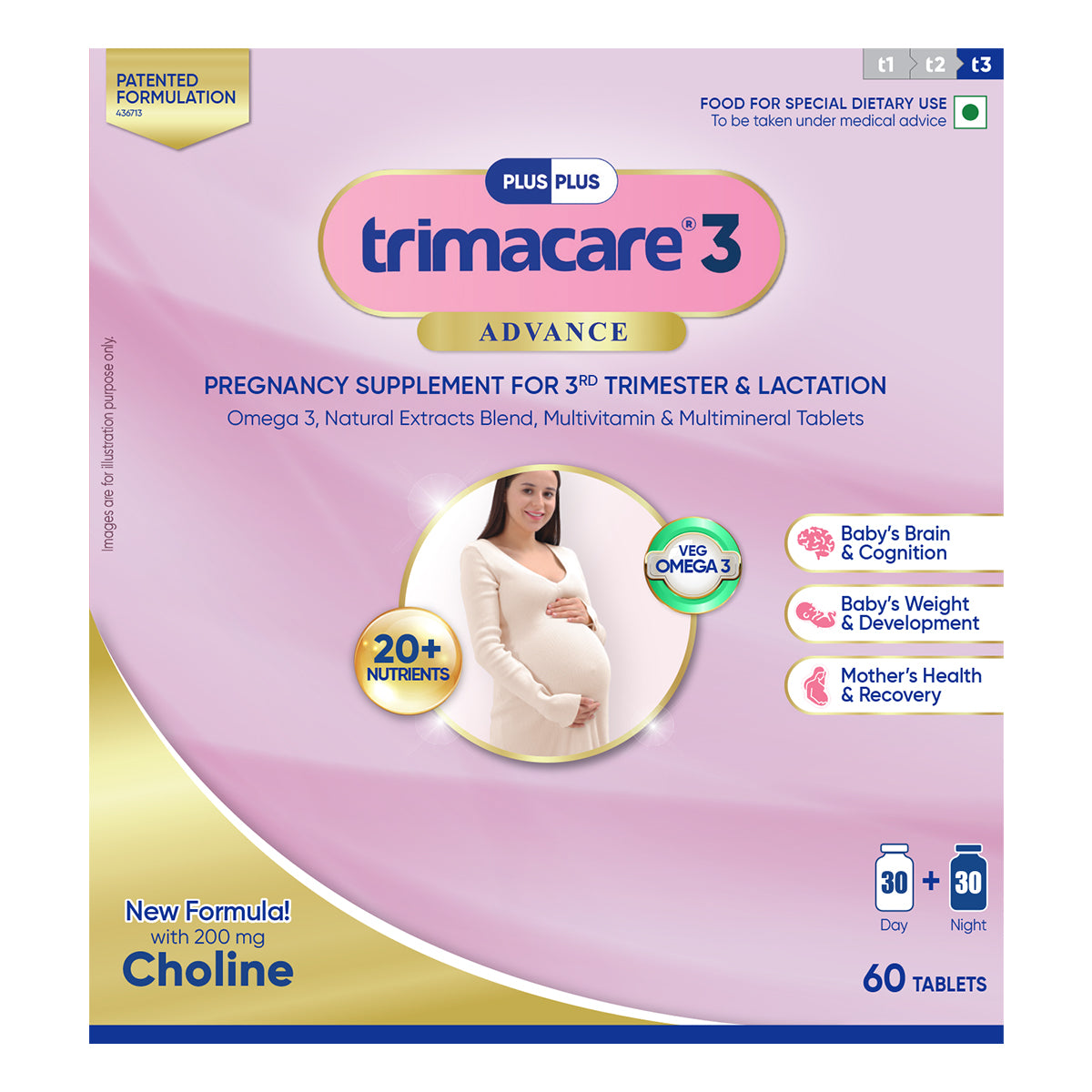 TRIMACARE™ 3 Advance | Pregnancy Supplement for 3rd Trimester of Pregnancy with Iron, Calcium, Omega 3, Zinc, Multivitamin and Multimineral Tablets