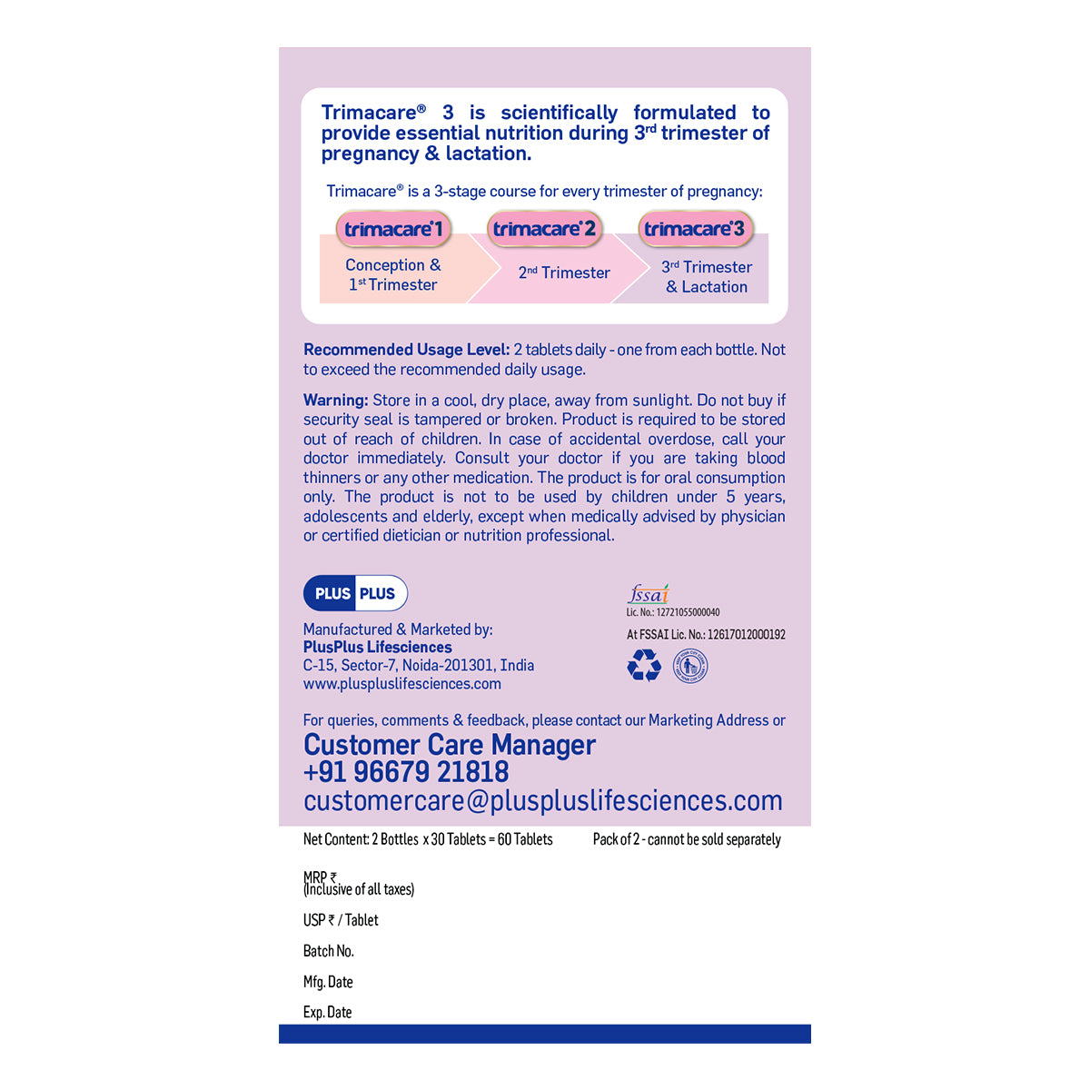 TRIMACARE™ 3 Advance | Pregnancy Supplement for 3rd Trimester of Pregnancy with Iron, Calcium, Omega 3, Zinc, Multivitamin and Multimineral Tablets