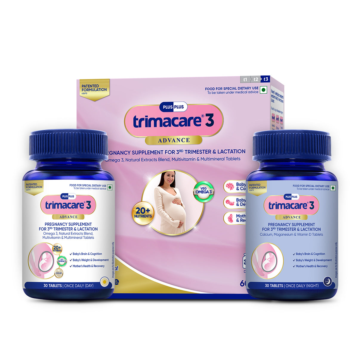 TRIMACARE™ 3 Advance | Pregnancy Supplement for 3rd Trimester of Pregnancy with Iron, Calcium, Omega 3, Zinc, Multivitamin and Multimineral Tablets